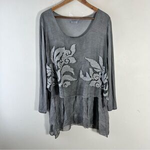 Femme Fatale Top Womens Large Grey Embroidered Sequin Layered Tunic Flowy Silk